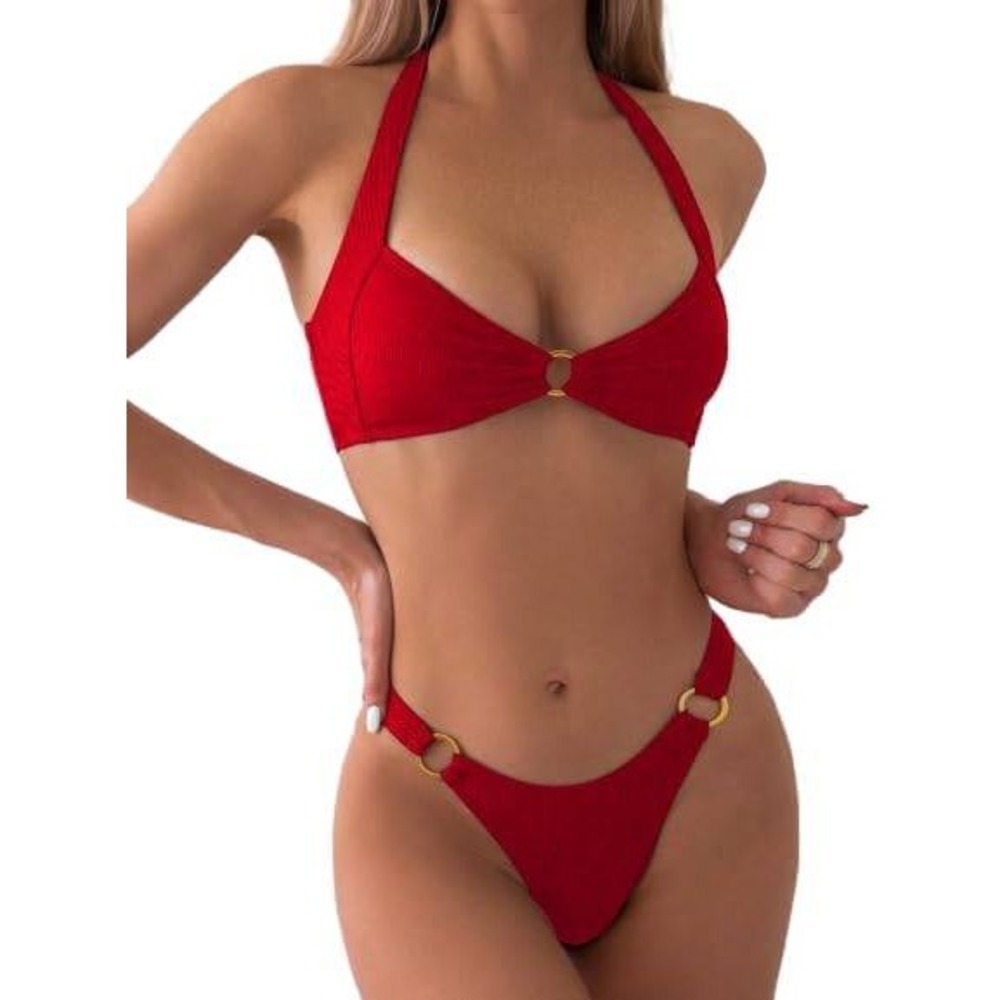Red‎ Ribbed Halter Ring Detail Bikini High Cut Set Swimsuit Womens Size XL